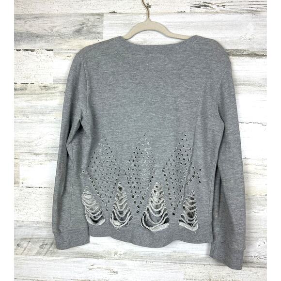 Pepin Women’s XS Gray Distressed Boho Cutout V-Neck Long Sleeve Sweatshirt - Picture 2 of 5